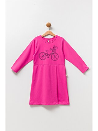 Pija Pija Bisiklet Yaka Desenli Uzun Kollu Kız Çocuk Elbise