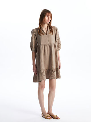 ワンピース KAOS Woman Dress Brown QPJLE018 1066 XSIDE Notch Neck Embroidered Women's Dress -S4CP13Z8-VEM