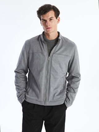 ステファノカウ　タイ　ブルーグレー　フランコバッシ Slim Fit Funnel Neck Suede Men's Coat -W40490Z8-CUZ