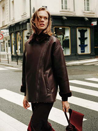 Women's Biker Collar Plain Leather Look Coat -W40790Z8-JR3 - W40790Z8-JR3 -  LC Waikiki