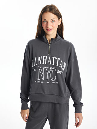 Women's Stand Up Collar Printed Long Sleeve Oversize Sweatshirt  -W46661Z8-JPT - W46661Z8-JPT - LC Waikiki