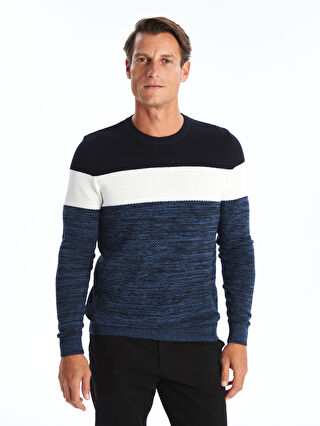Crew Neck Long Sleeve Men's Tricot Sweater with Color Block -W4CI26Z8-RFH -  W4CI26Z8-RFH - LC Waikiki