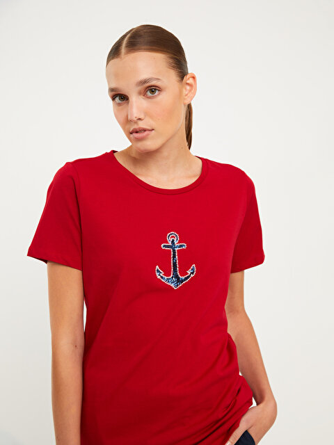 Crew Neck Printed Short Sleeve Cotton Women's T-shirt - SOUTHBLUE
