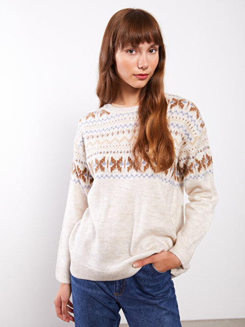 Женский трикотажный свитер с круглым вырезом и длинными рукавами - LC WAIKIKI