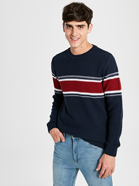 Slim Fit Bisiklet Yaka &Ccedil;izgili Kalın Triko Kazak