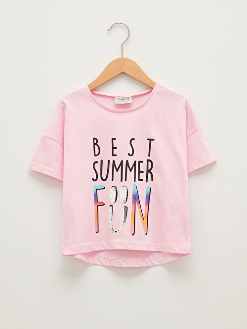 Pembe Bisiklet Yaka Baskili Kisa Kollu Pamuklu Kiz Cocuk Tisort Lc Waikiki