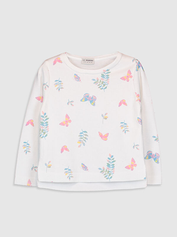 Kız &Ccedil;ocuk Desenli İnce Triko Kazak