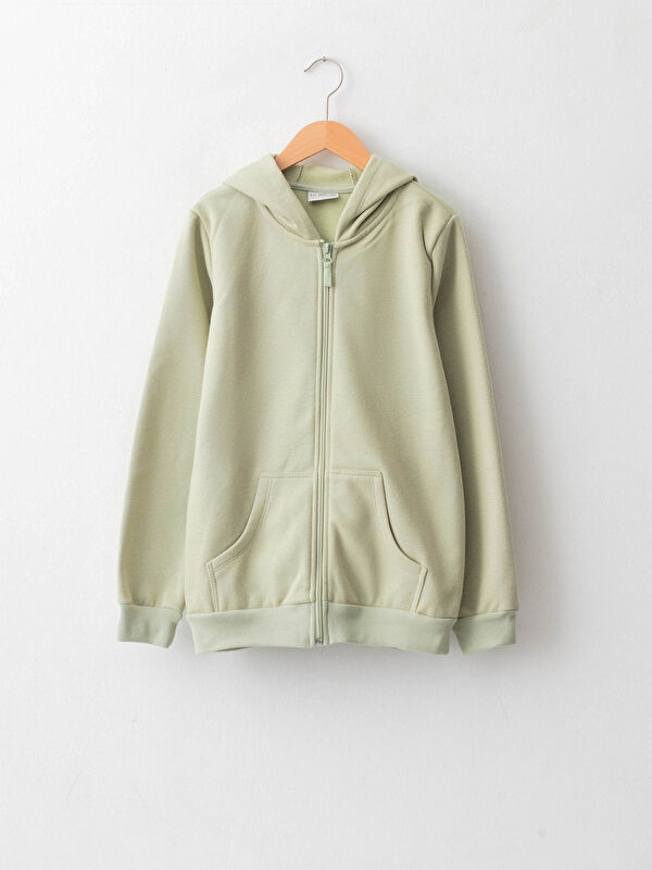 Kap&uuml;şonlu Basic Uzun Kollu Kız &Ccedil;ocuk Fermuarlı Sweatshirt