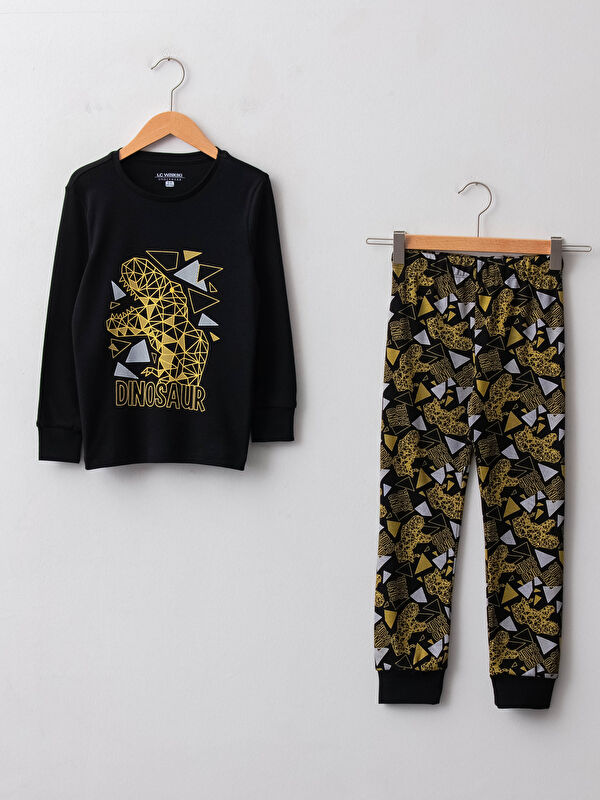 Bisiklet Yaka Baskılı Uzun Kollu Erkek &Ccedil;ocuk Pijama Takımı