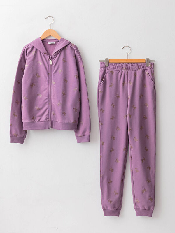 Kap&uuml;şonlu Baskılı Uzun Kollu Kız &Ccedil;ocuk Sweatshirt ve Eşofman Altı