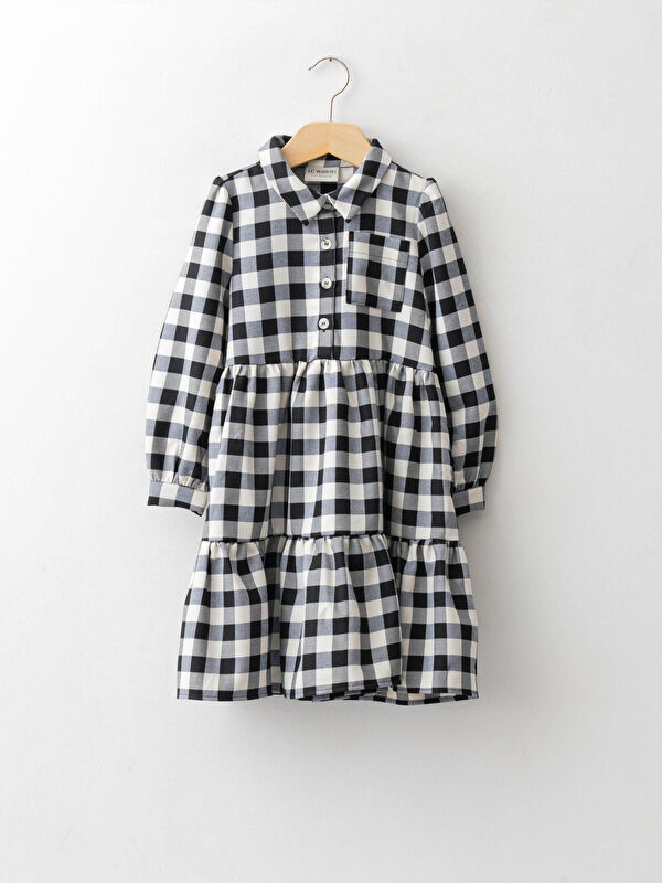 G&ouml;mlek Yaka Ekose Uzun Kollu Kız &Ccedil;ocuk Elbise