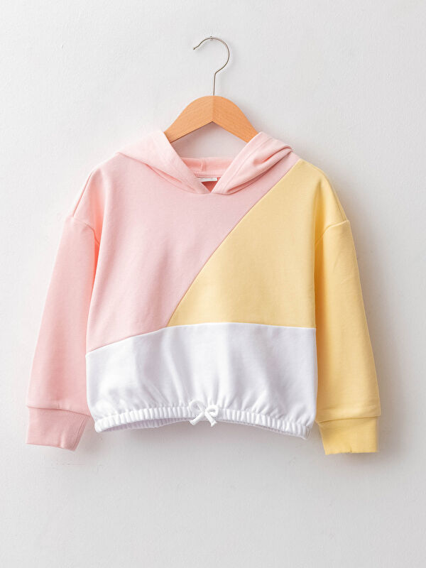 Kap&uuml;şonlu Renk Bloklu Uzun Kollu Kız &Ccedil;ocuk Sweatshirt