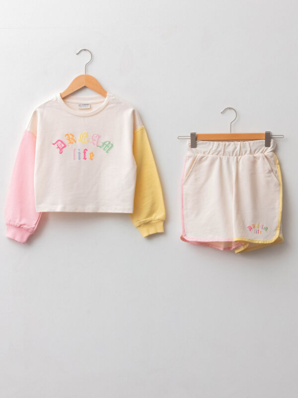 Bisiklet Yaka Baskılı Uzun Kollu Kız &Ccedil;ocuk Sweatshirt ve Şort