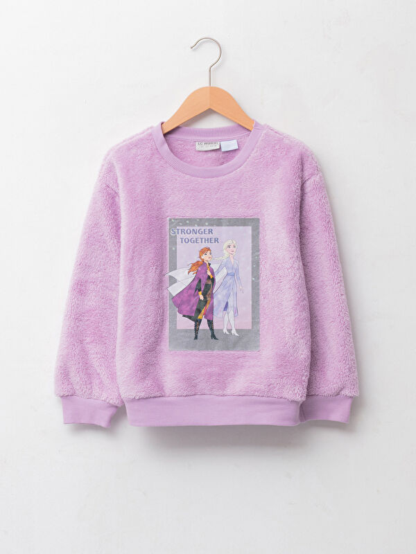 Bisiklet Yaka Frozen Baskılı Uzun Kollu Pel&uuml;ş Kız &Ccedil;ocuk Sweatshirt