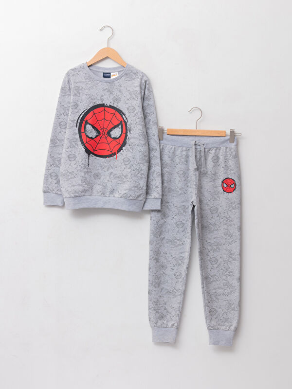 Bisiklet Yaka Spiderman Baskılı Uzun Kollu Erkek &Ccedil;ocuk Sweatshirt ve Eşofman Altı
