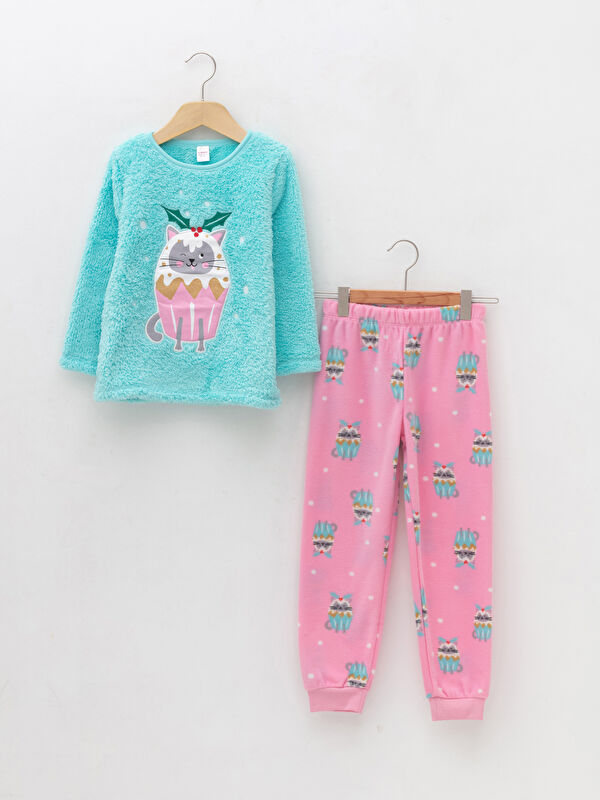 Bisiklet Yaka Baskılı Uzun Kollu Polar Kız &Ccedil;ocuk Pijama Takımı