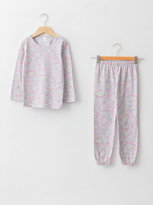 Bisiklet Yaka Baskılı Uzun Kollu Kız &Ccedil;ocuk Pijama Takımı