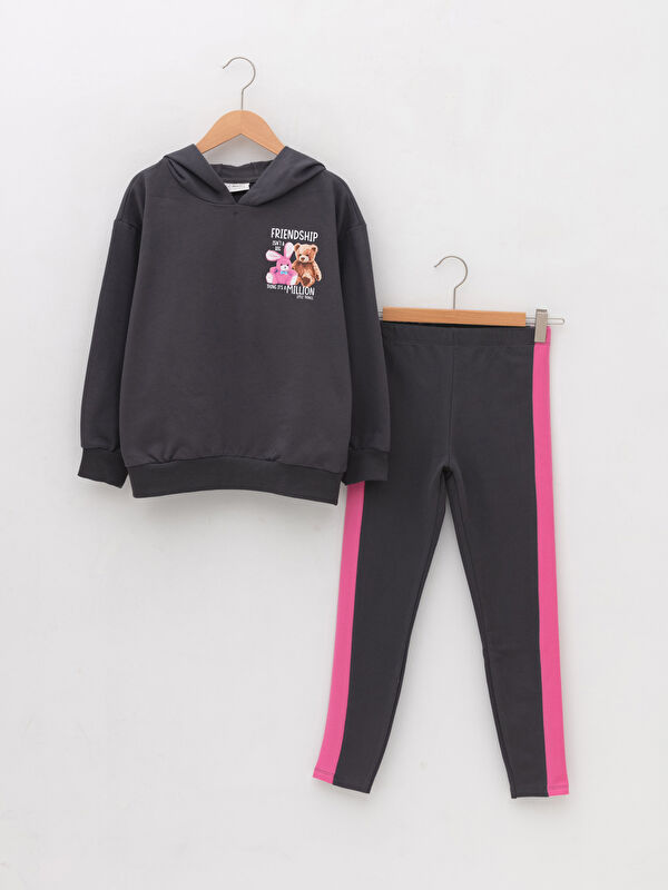 Kap&uuml;şonlu Baskılı Uzun Kollu Kız &Ccedil;ocuk Sweatshirt ve Tayt - LC WAIKIKI