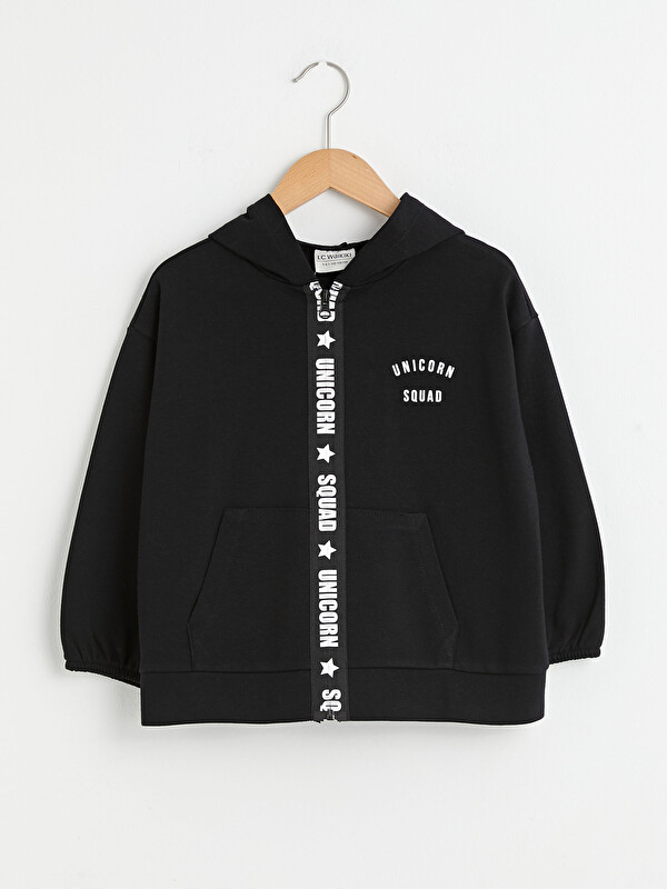 Kap&uuml;şonlu Baskılı Uzun Kollu Kız &Ccedil;ocuk Fermuarlı Sweatshirt - LC WAIKIKI