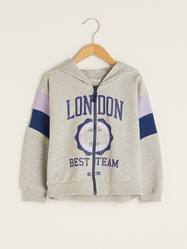 Kap&uuml;şonlu Baskılı Uzun Kollu Kız &Ccedil;ocuk Fermuarlı Sweatshirt - LC WAIKIKI