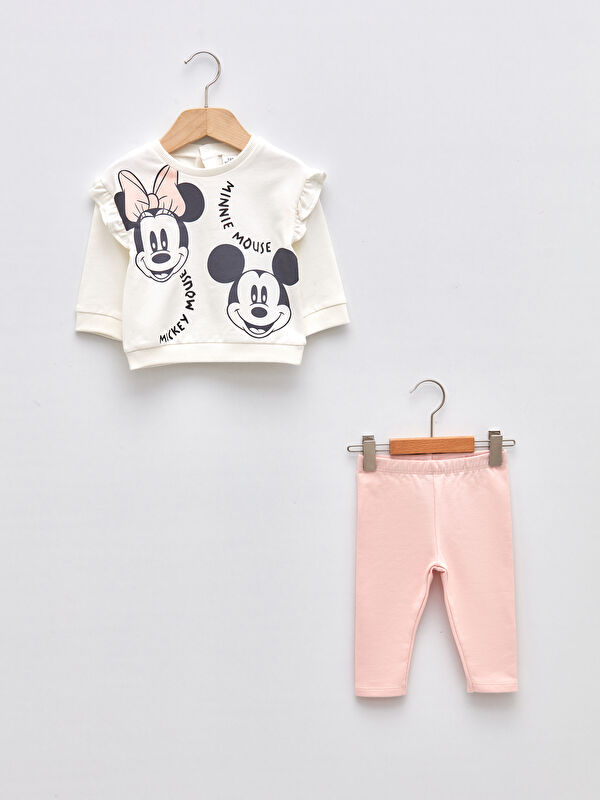 Bisiklet Yaka Uzun Kollu Minnie ve Mickey Mouse Baskılı Kız Bebek Sweatshirt ve Pantolon 2'li Takım