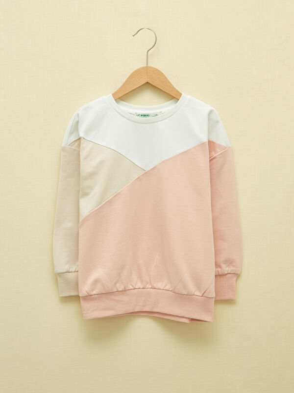 LCW GREEN Bisiklet Yaka Renk Bloklu Uzun Kollu Organik Pamuklu Kız &Ccedil;ocuk Sweatshirt
