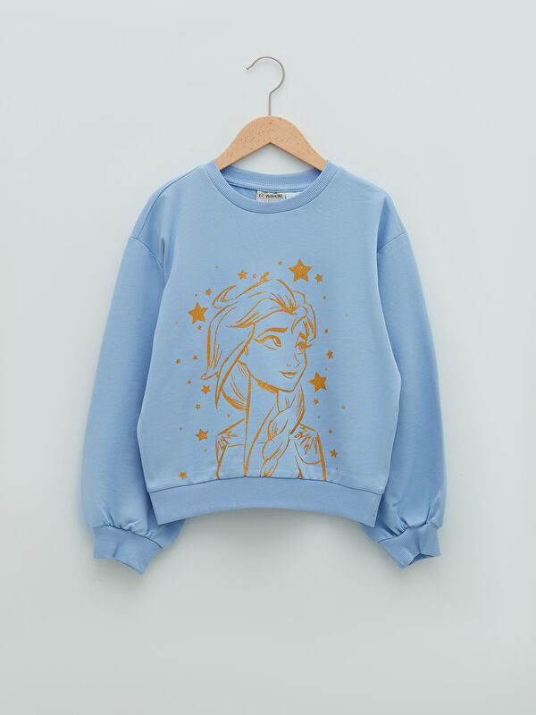 Bisiklet Yaka Elsa Baskılı Uzun Kollu Kız &Ccedil;ocuk Sweatshirt