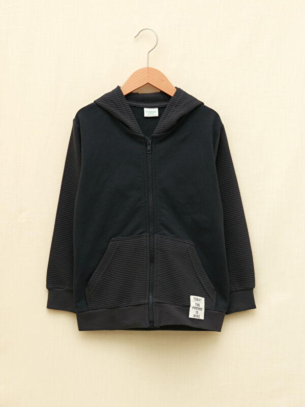 LCW GREEN Kap&uuml;şonlu Basic Uzun Kollu Organik Pamuklu Erkek &Ccedil;ocuk Fermuarlı Sweatshirt
