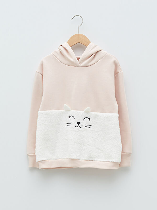 Kap&uuml;şonlu Nakışlı Uzun Kollu Kız &Ccedil;ocuk Sweatshirt