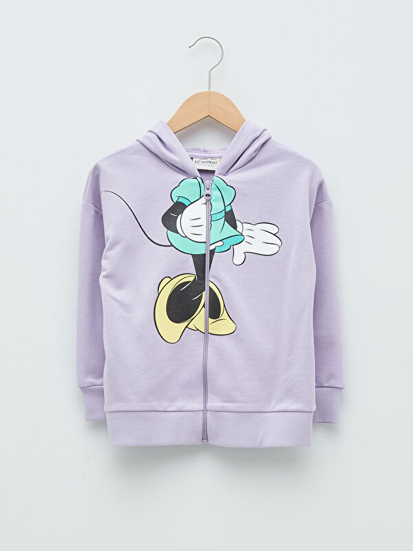 Kap&uuml;şonlu Minnie Mouse Baskılı Uzun Kollu Kız &Ccedil;ocuk Fermuarlı Sweatshirt