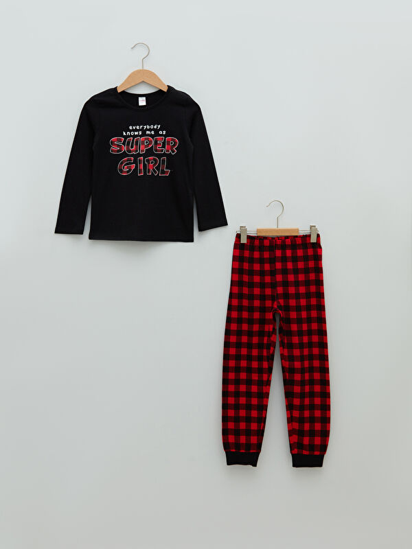 Bisiklet Yaka Ekose Uzun Kollu Kız &Ccedil;ocuk Pijama Takımı