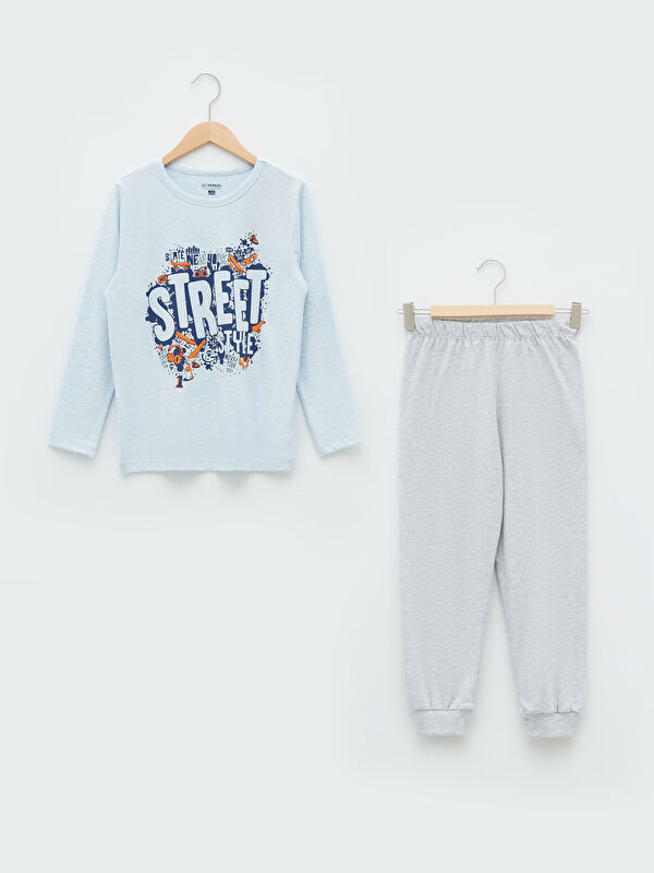 Bisiklet Yaka Baskılı Uzun Kollu Erkek &Ccedil;ocuk Pijama Takımı
