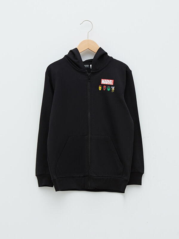 Kap&uuml;şonlu Marvel Baskılı Uzun Kollu Erkek &Ccedil;ocuk Fermuarlı Sweatshirt