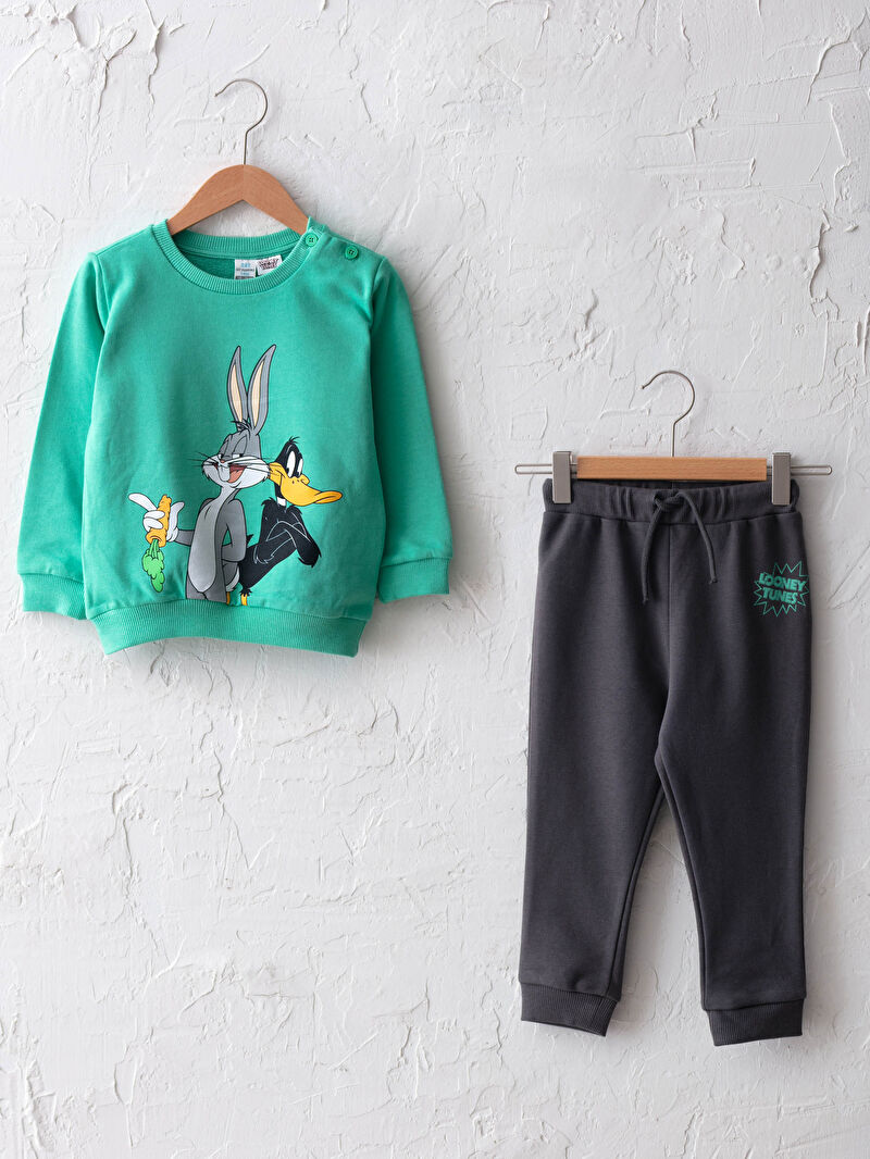 Yesil Looney Tunes Baskili Bisiklet Yaka Uzun Kol Erkek Bebek Sweatshirt Ve Jogger Pantolon 2 Li Takim Lc Waikiki