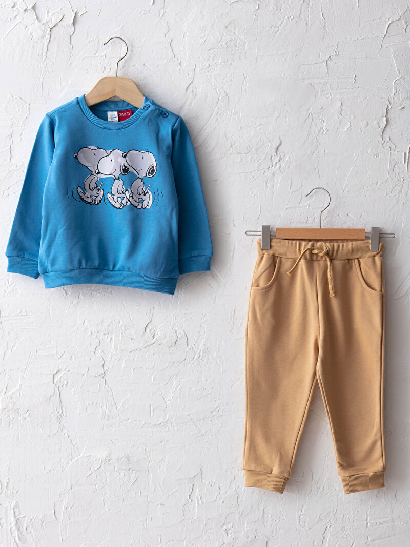 Mavi Snoopy Baskili Bisiklet Yaka Uzun Kol Erkek Bebek Sweatshirt Ve Jogger Pantolon 2 Li Takim Lc Waikiki