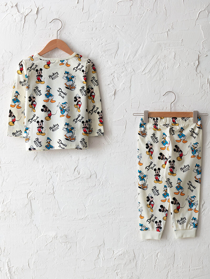 ekru bisiklet yaka uzun kol mickey mouse baskili pamuklu erkek bebek pijama takimi lc waikiki