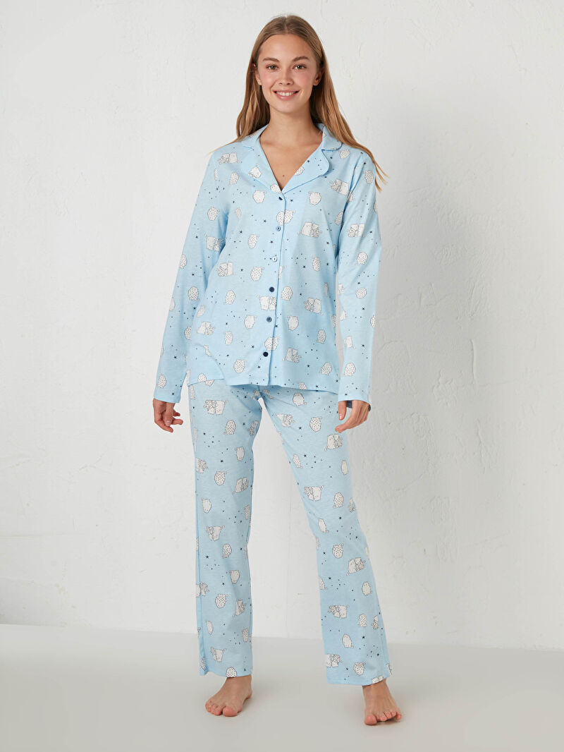 Mavi Baskili Pamuklu Pijama Takimi Lc Waikiki