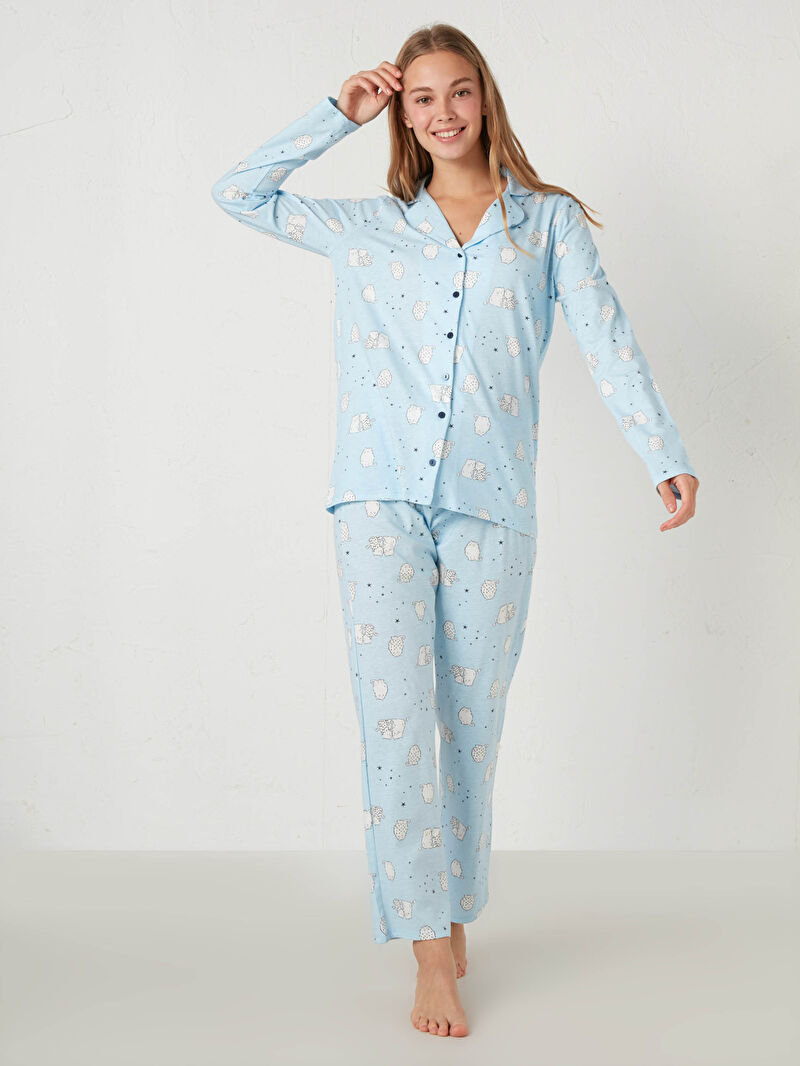 Mavi Baskili Pamuklu Pijama Takimi Lc Waikiki