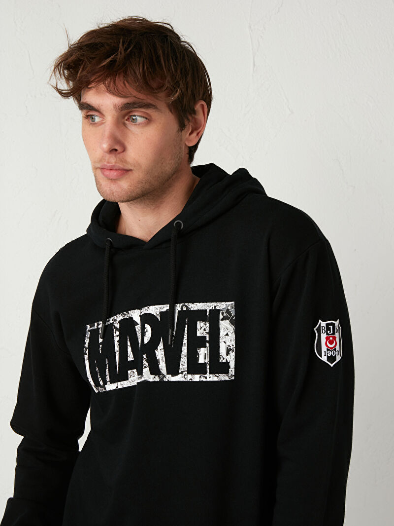 Siyah Besiktas Baskili Kapusonlu Kalin Sweatshirt Lc Waikiki