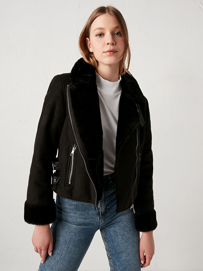 Siyah Ceket Yaka Duz Fermuar Kapamali Uzun Kollu Deri Gorunumlu Kadin Mont Lc Waikiki