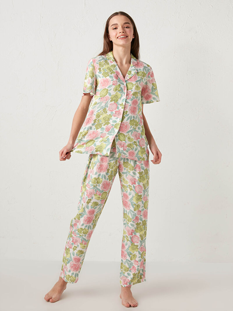 Pembe Gomlek Yaka Cicek Baskili Kisa Kollu Viskon Kadin Pijama Takimi Lc Waikiki