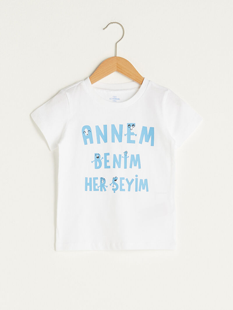 Beyaz Bisiklet Yaka Kısa Kol Baskılı Pamuklu Erkek Bebek