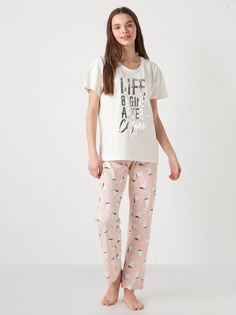 Pembe Bisiklet Yaka Baskili Kisa Kollu Pamuklu Kadin Pijama Takimi Lc Waikiki