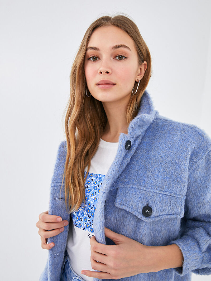 Mavi Gomlek Yaka Cep Detayli Uzun Kollu Kadin Ceket Lc Waikiki