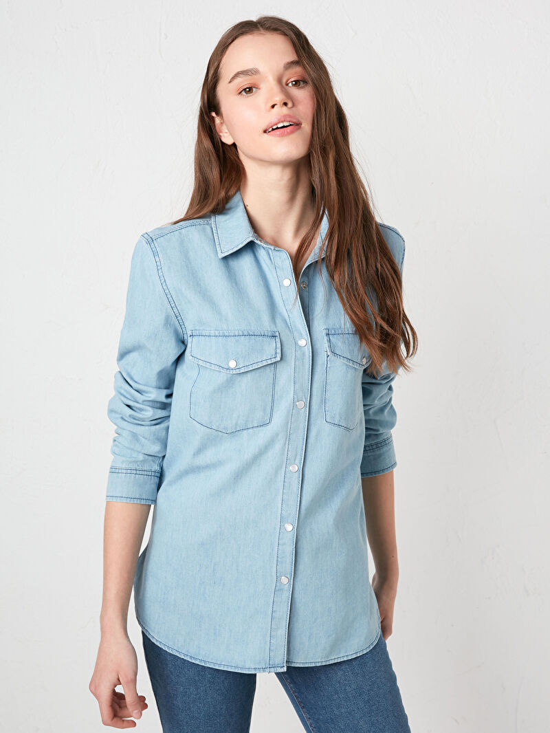 Indigo Cep Detayli Uzun Kollu Kadin Jean Gomlek Lc Waikiki