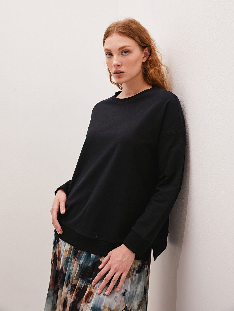 siyah lcw basic bisiklet yaka basic uzun kollu pamuklu kadin sweatshirt lc waikiki