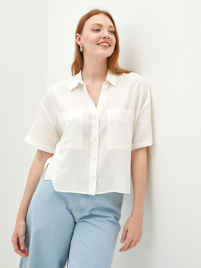 Ekru Lcw Casual Cep Detayli Duz Kisa Kollu Kadin Gomlek Lc Waikiki