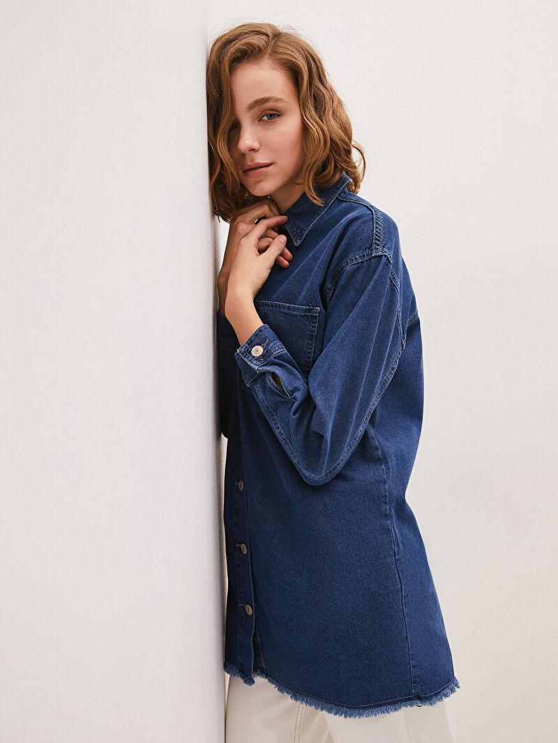 Indigo Modest Gomlek Yaka Cep Detayli Uzun Kollu Kadin Jean Tunik Lc Waikiki