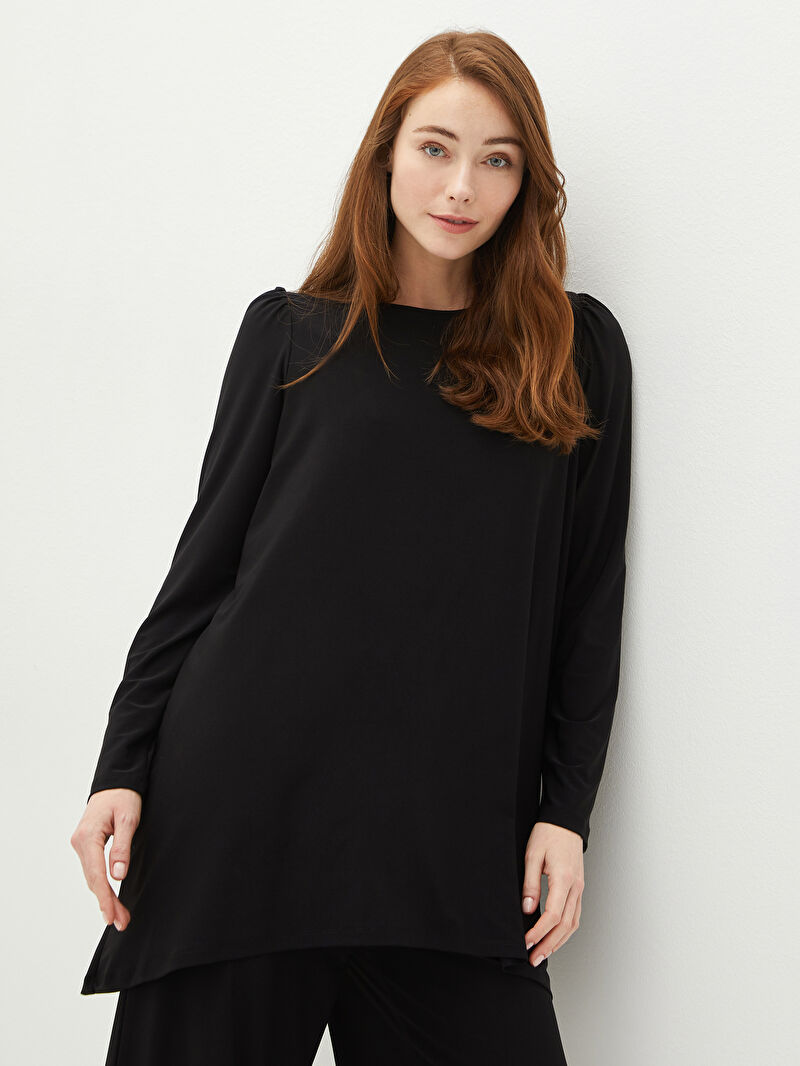 siyah lcw classic bisiklet yaka duz uzun kollu kadin tunik lc waikiki