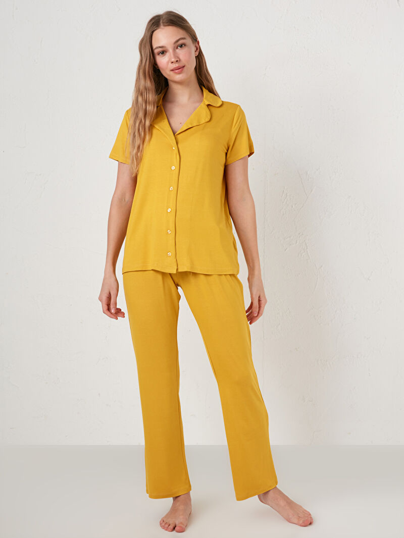 Sari Gomlek Yaka Duz Kisa Kollu Viskon Kadin Pijama Takimi Lc Waikiki